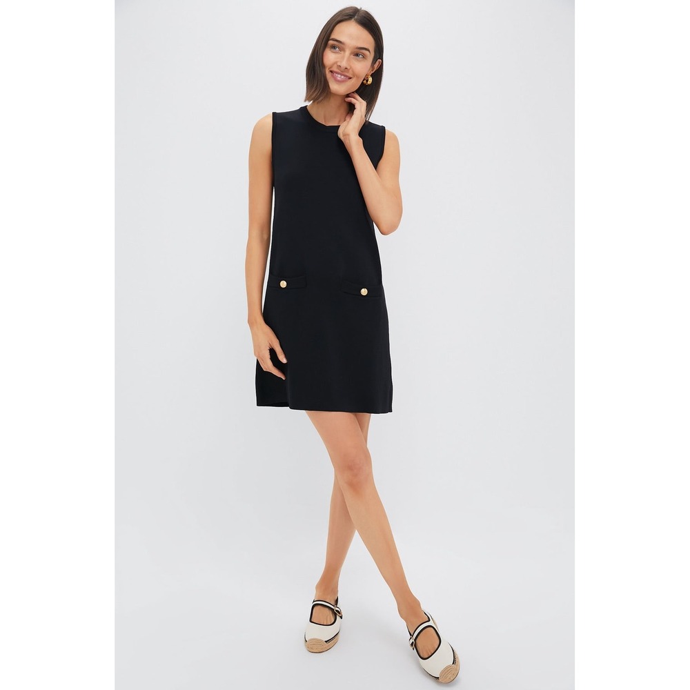 Pomander Place Malley Black Sleeveless Knit Shift Dress Gold Crest Buttons M
